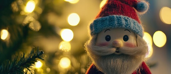 Aufkleber - Christmas decoration close-up of a vintage Santa toy with warm bokeh lights in the background creating a festive holiday atmosphere