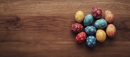 Aufkleber - Easter celebration concept with colorful decorated eggs arranged on rustic wooden table background for seasonal greeting card design.