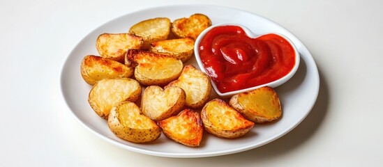 Poster - Heart shaped roasted potatoes served with ketchup on a plate against a minimalistic white background for creative food presentations.