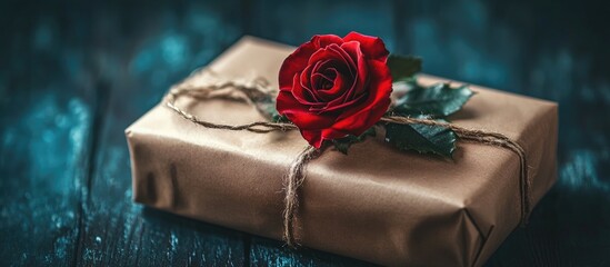 Poster - Gift wrapped present adorned with a red rose symbolizing love and affection on a rustic wooden background