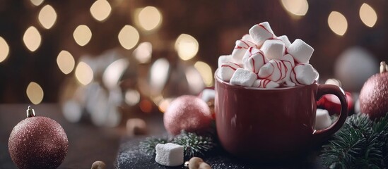 Poster - Cozy Christmas hot chocolate with marshmallows and festive ornaments on a dark backdrop creating a warm holiday atmosphere