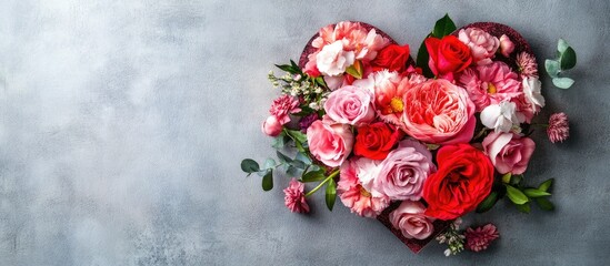 Poster - Heart shaped floral arrangement with vibrant roses on grey background ideal for romantic events or love themed promotions