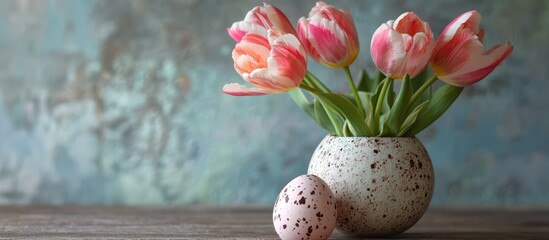 Aufkleber - Chic handmade egg holder with natural eggs and pink tulips on wooden surface for a festive Easter celebration scene