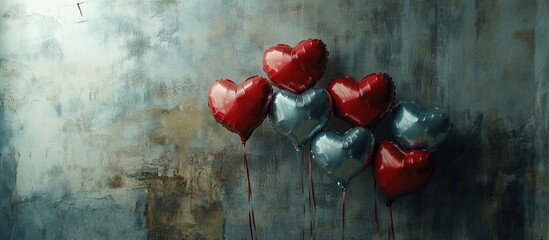 Poster - Colorful heart-shaped balloons in red and silver on a textured grey background showcasing love and celebration themes.
