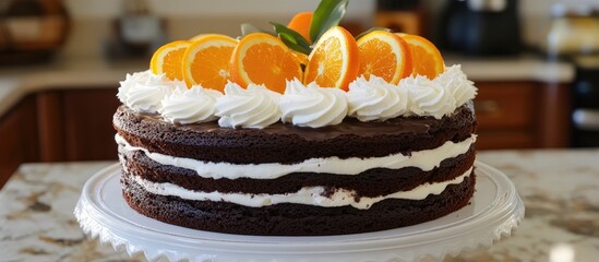 Aufkleber - Decadent homemade chocolate cake adorned with fresh orange slices and whipped cream on a marble countertop