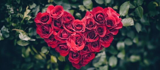 Poster - Heart shaped arrangement of vibrant red roses against a lush green background symbolizing love and romance in floral design