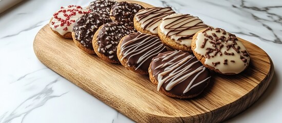 Aufkleber - Delicious homemade gingerbread cookies decorated with icing and chocolate arranged on a stylish wooden serving board