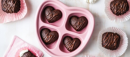 Aufkleber - Heart shaped chocolate desserts in pink baking dish surrounded by muffins and cream on light background showcasing love for cooking