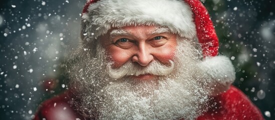 Poster - Santa Claus smiling with a snowy backdrop embodying the festive spirit of Christmas and New Year celebration with a decorated tree