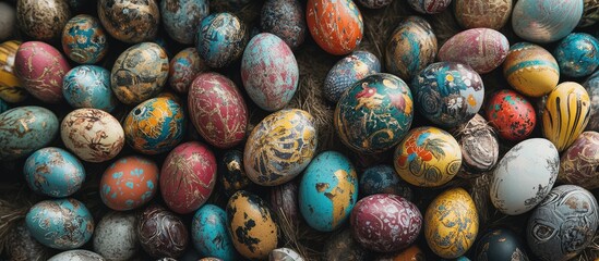 Fototapete - Colorful collection of intricately decorated Easter eggs arranged artfully on a rustic surface for seasonal celebration imagery.