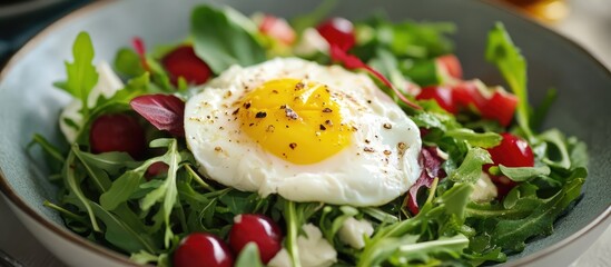 Leinwandbilder - Festive restaurant salad with fresh greens topped by a perfectly poached egg garnished with spices and vibrant cherry tomatoes