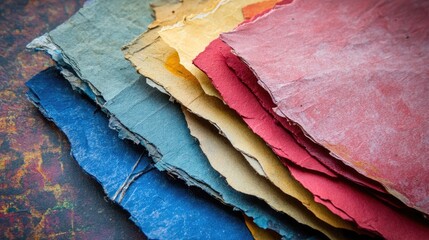 Poster - Colorful Handmade Paper Sheets Created from Recycled Materials Displayed in a Stack with Textured Edges Suitable for Eco-Friendly Projects