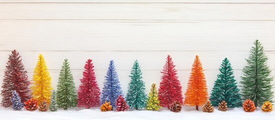 Aufkleber - Colorful pine trees on a white wooden background create a festive holiday greeting card scene for joyful seasonal celebrations