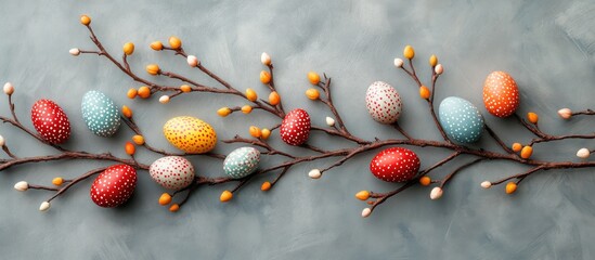 Aufkleber - Multicolored Easter eggs and budding branches arranged on a gray background for decorative spring celebrations and festive inspiration