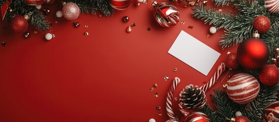 Poster - Holiday brand identity design featuring a blank business card with festive ornaments and decorations on a vibrant red background flat lay mockup