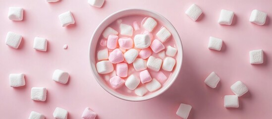 Poster - Cozy pink hot cacao topped with fluffy marshmallows on a pastel background perfect for winter drinks or dessert themes.