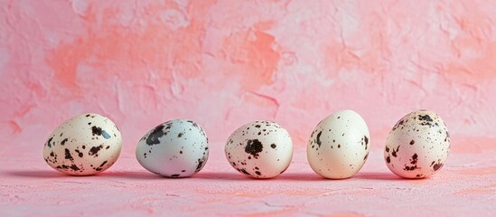 Aufkleber - Easter quail eggs displayed on a pastel pink background in a close up arrangement showcasing seasonal colors and textures