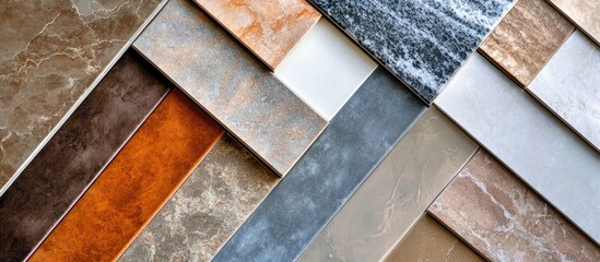 Aufkleber - Elegant display of high-quality ceramic tile samples showcasing diverse textures and colors for interior design projects.