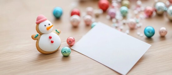Poster - Gingerbread snowman with postcard and colorful beads on a light wooden surface creating a festive holiday decoration scene