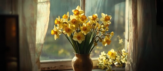 Aufkleber - Bright vase of yellow daffodils by a sunlit window with soft curtains creating a warm and inviting spring atmosphere