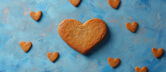 Poster - Heart shaped cookie on blue background surrounded by smaller heart cookies ideal for Valentine's Day or sweet theme designs