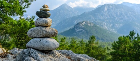 Leinwandbilder - Balanced stone cairn in serene mountain landscape promoting peace and tranquility surrounded by lush greenery under a clear blue sky