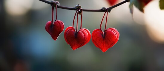 Poster - Hanging decorative red hearts on a branch creating a romantic and charming atmosphere for love and passion themes