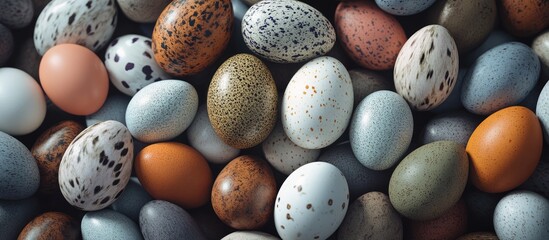 Fototapete - Colorful assortment of decorative Easter eggs arranged on a textured surface for festive spring celebrations and holiday traditions.