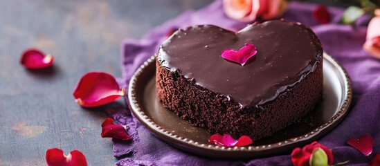 Aufkleber - Heart shaped chocolate cake on a traditional plate with rose petals on a purple tablecloth ideal for romantic occasions and celebrations