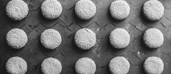 Aufkleber - Homemade uncooked ginger cookies arranged in a decorative pattern on a black background overhead view monochrome style