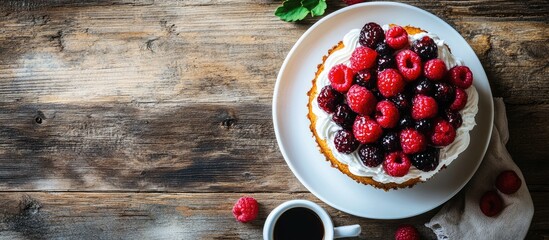 Aufkleber - Homemade berry cake with coffee on rustic wooden table creating a cozy and inviting atmosphere for dessert lovers and coffee enthusiasts.