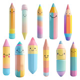 Collection of Cute Cartoon Crayons and Pencils