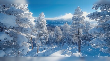 Poster - Snow-covered pine trees, a blue sky, a winter wonderland. Snow drifts in the background.