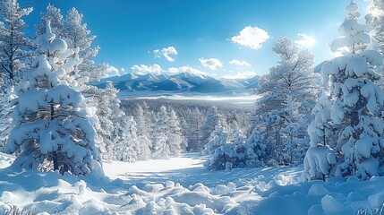 Poster - Snow-covered pine trees, a blue sky, a winter wonderland. Snow drifts in the background.