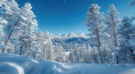 Poster - Snow-covered pine trees, a blue sky, a winter wonderland. Snow drifts in the background.