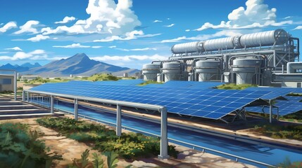 Wall Mural - of a desalination plant seamlessly integrated with a solar farm showcasing a sustainable solution for renewable energy driven water purification and resource transformation