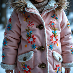 Canvas Print - Adorable child in a colorfully embroidered pink winter coat surrounded by snowy trees, photograph of portrait concept.