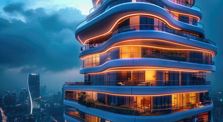 Poster - Residential multi-story building in futuristic style, view from the corner of the building, evening night lighting, neon illumination, city of the future.