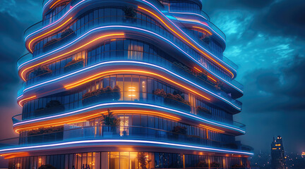 Poster - Residential multi-story building in futuristic style, view from the corner of the building, evening night lighting, neon illumination, city of the future.