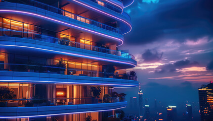 Aufkleber - Residential multi-story building in futuristic style, view from the corner of the building, evening night lighting, neon illumination, city of the future.