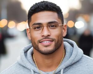 Wall Mural - Portrait of a smiling young man with glasses and a grey hoodie.