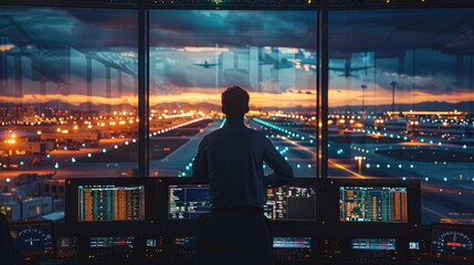 Aufkleber - An airport engineer standing inside the control tower, surrounded by glowing monitors and radar screens displaying live aircraft data. Through the large windows, planes are visible on the runway.