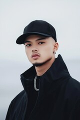 Wall Mural - Portrait of a young Asian man in black clothing and cap.