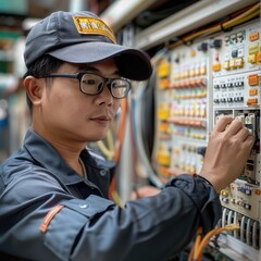 Aufkleber - Professional Asia plumbing repairman working on the electrical panel in the house.