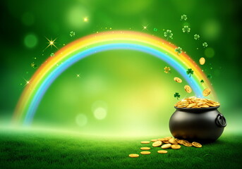 Pot of Gold Under a Rainbow on a Green Background for St. Patrick's Day Celebrations