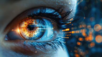 Poster - digital blue eye with data visualization charts and graphs floating in front of it, representing the