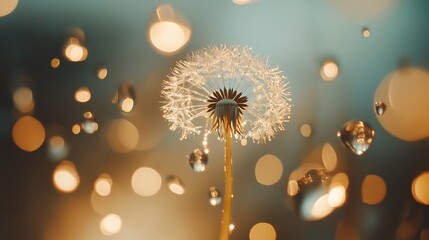 Poster - Dandelion seeds covered in water droplets glistening in soft light during evening hours