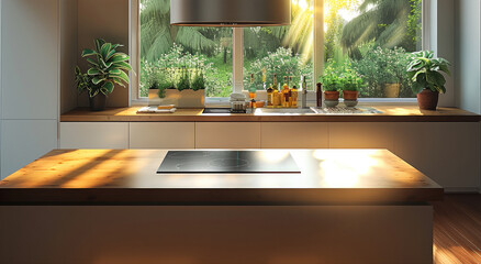 Poster - Desk kitchen table, minimalist, floor kitchen wooden and light from window.