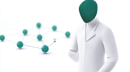 Poster - a futuristic figure in a lab coat with a digital face stands near a network of connected spheres, sy