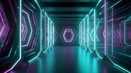 Futuristic neon-lit corridor with hexagonal shapes and glowing lines.